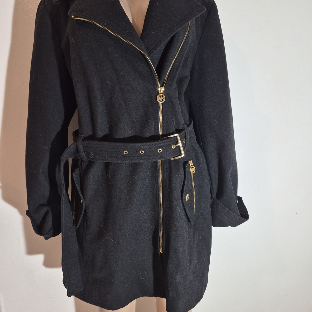 MICHAEL Michael Kors Black Trench Coat with Gold Accents